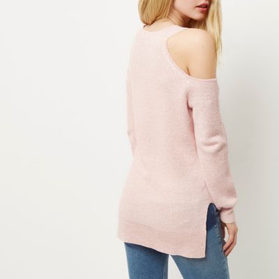 Pink cold shoulder V neck lurex jumper